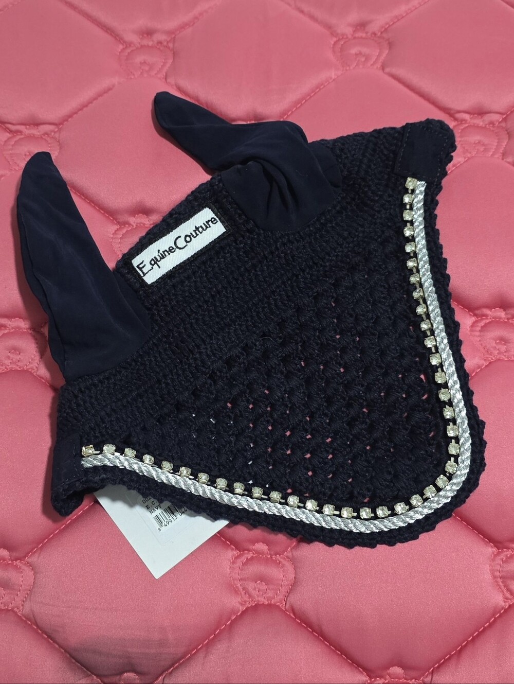 Equine Couture Navy Crochet Ear Bonnet with Rhinestone Trim- Cob Size NWT
